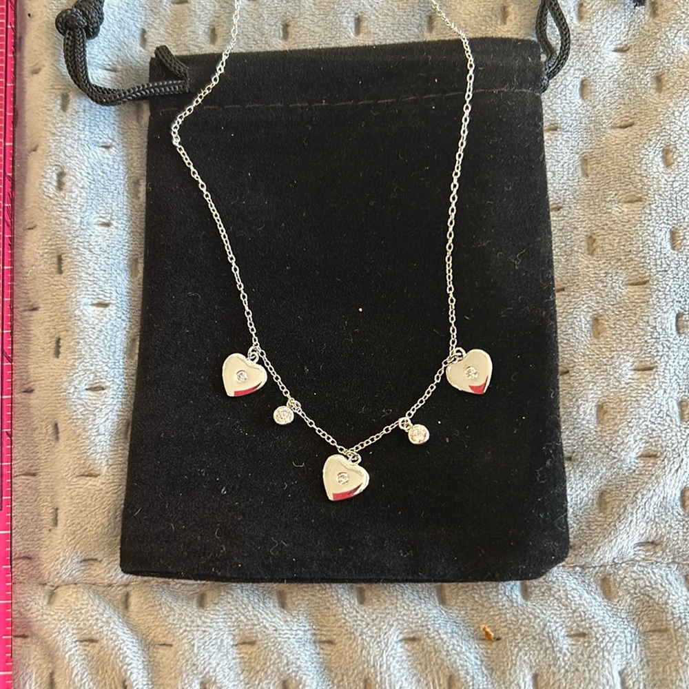 Dainty Sterling Silver Triple Heart Charm & Cubic Zirconia Necklace-Boutique